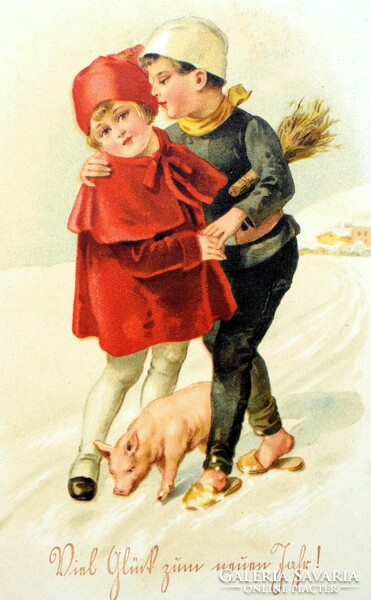Art deco újévi üdvözlő litho képeslap - kislány , kéményseprő fiú   malac  téli táj   1926  Svájc