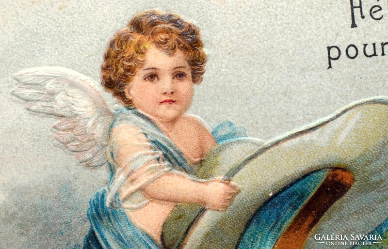 Antik dombornyomott Újévi üdvözlő képeslap -  angyalka kalappal ,  galambok . 4levelű lóhere