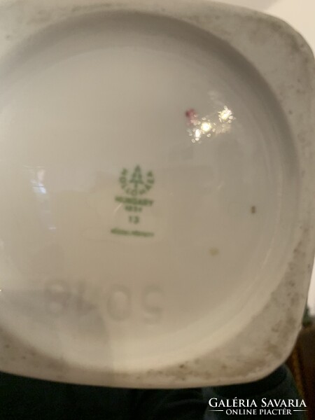 Hollóházi porcelán váza – kézzel festett, aranyozott, madár–virág minta (29 cm)