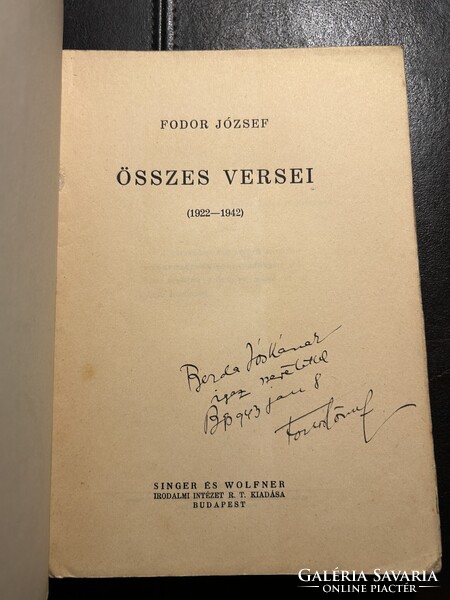 Fodor József összes versei. Dedikált, 1942. Berda József részére