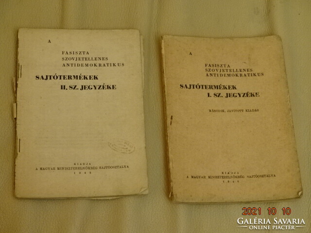 TILTÓLISTÁS !!! FASISZTA SZOVJETELLENES ANTIDEMOKRATIKUS SAJTÓTERMÉKEK JEGYZÉKE I-II 1945- 46