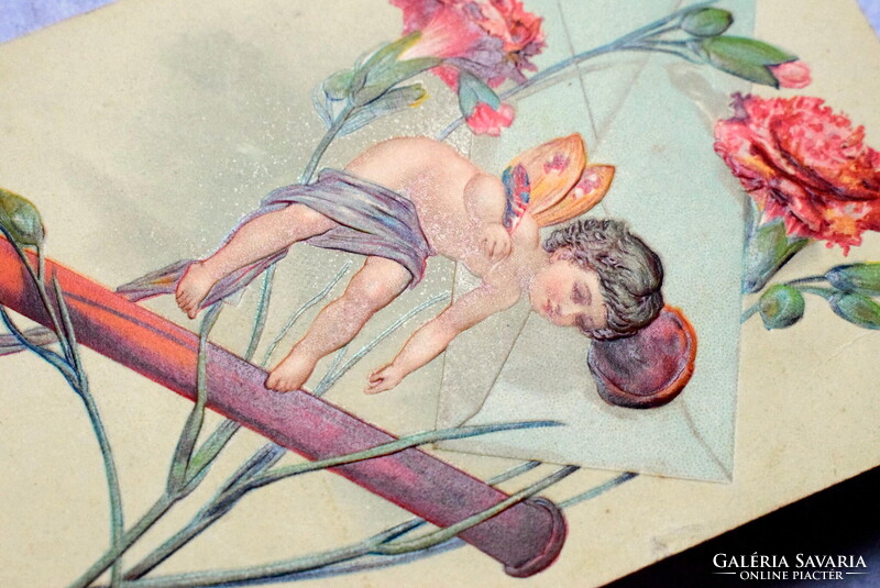 Antik  dombornyomott üdvözlő képeslap -  puttó levéllel viaszpecsét   1904