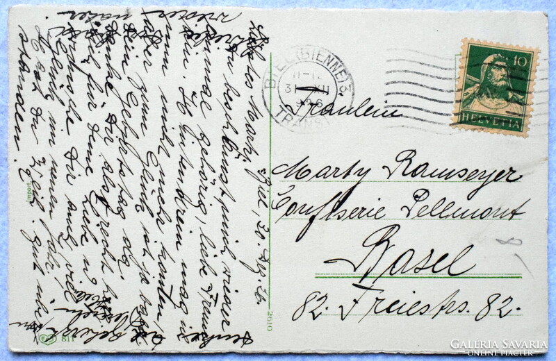 Art deco újévi üdvözlő litho képeslap - kislány , kéményseprő fiú   malac  téli táj   1926  Svájc