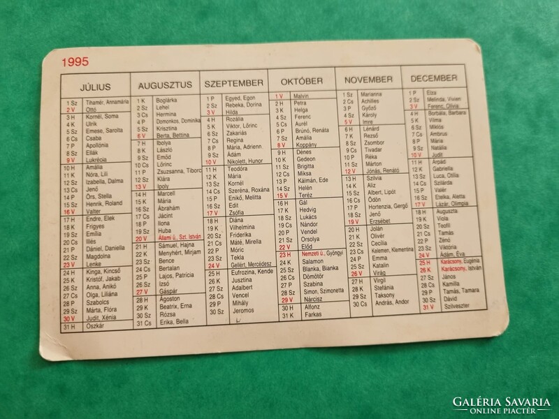 1995. évi kártyanaptár névnapokkal
