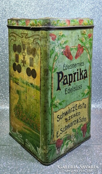 Antik „Édesnemes Paprika – Schwarz E. és Fia, Szeged” bádogdoboz, kb. 1910 körül