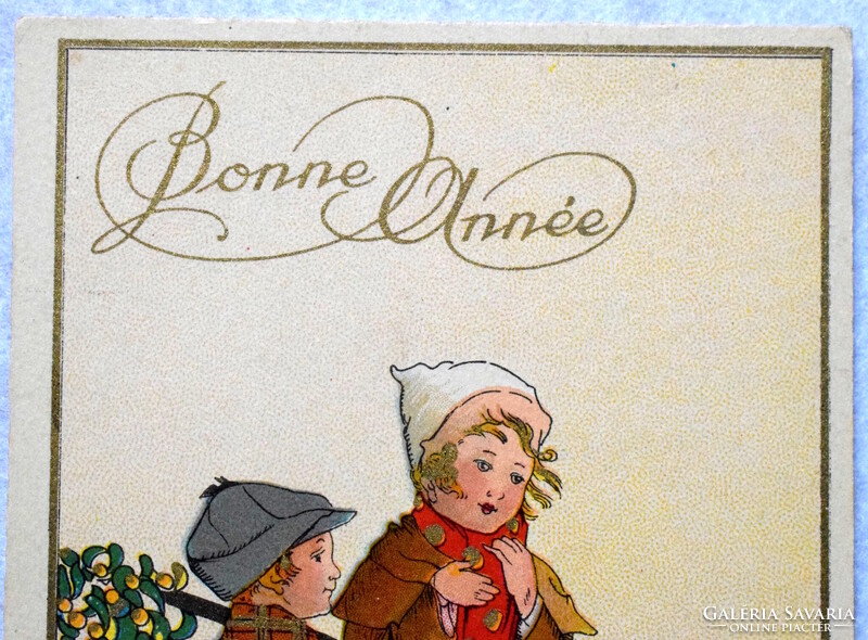 Art deco újévi üdvözlő litho képeslap - gyerekek ,  fagyöngy  aranyszín felülnyomás