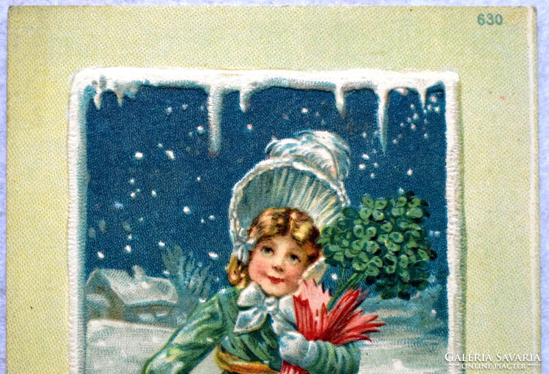 Antik dombornyomott Újévi üdvözlő képeslap  - kislány , téli táj, 4levelű lóhere  1907
