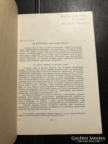 Bonta János: Az építészet hovatartozása — Révhelyi Elemér számára dedikált különlenyomat