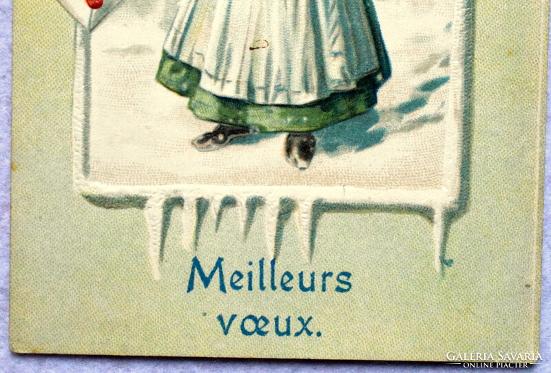 Antik dombornyomott Újévi üdvözlő képeslap  - kislány , téli táj, 4levelű lóhere  1907