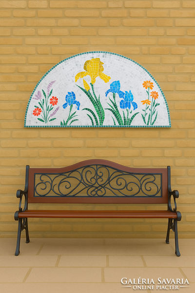 Egyedi, kézzel készült, félkör alakú mozaikos falikép, virágmintával