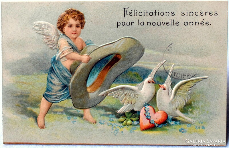 Antik dombornyomott Újévi üdvözlő képeslap -  angyalka kalappal ,  galambok . 4levelű lóhere
