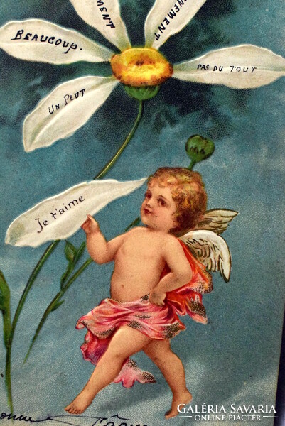 Antik dombornyomott  üdvözlő képeslap -  angyalka  szeret-nem szeret margaréta virággal 1904