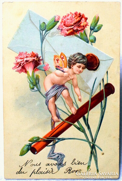 Antik  dombornyomott üdvözlő képeslap -  puttó levéllel viaszpecsét   1904