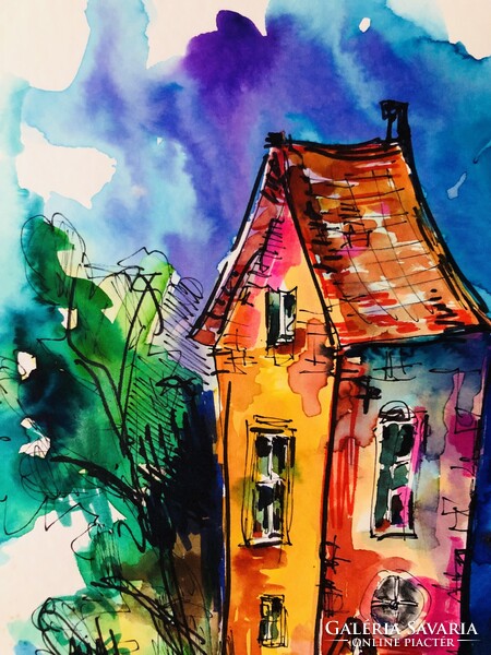 A rejtélyes ház . Gyönyörű  akvarell illusztráció art by Konrad Biro 34x24 cm.