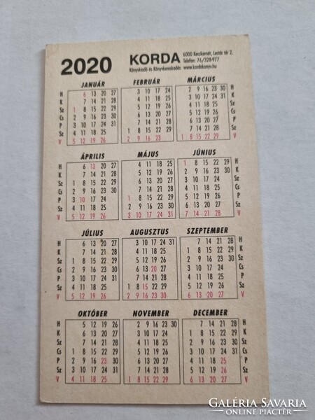 KORDA könyvkiadó és Könyvkereskedés 2020. évi kártyanaptár
