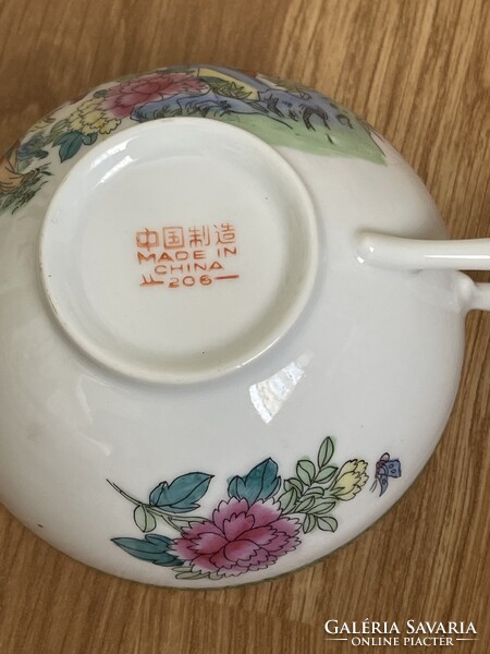 Gyönyörű gyűjtői finom vékony porcelán Kinai jelenetes teás csésze kistányérral