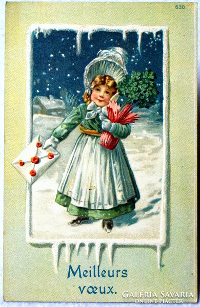 Antik dombornyomott Újévi üdvözlő képeslap  - kislány , téli táj, 4levelű lóhere  1907