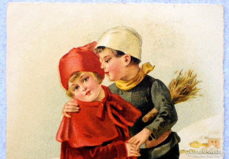 Art deco újévi üdvözlő litho képeslap - kislány , kéményseprő fiú   malac  téli táj   1926  Svájc