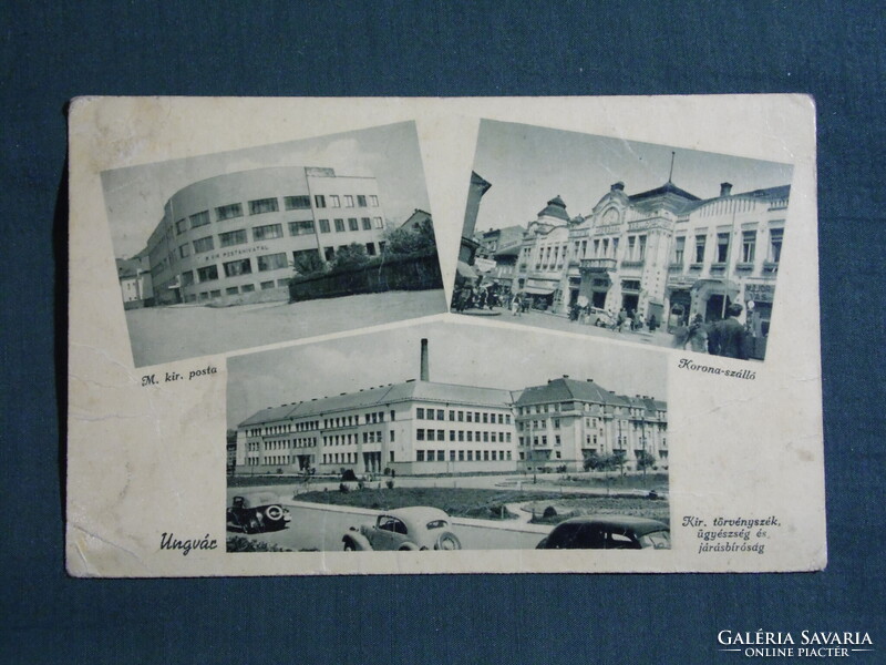 Képeslap,Kárpátalja,Ukrajna,Ungvár,posta,korona szálló,törvényszék,Hangya szöv. kiadás,1940-
