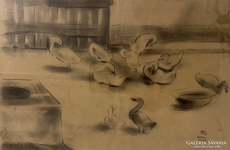 Ducsay Béla: Mari néni kacsái - szén, papír