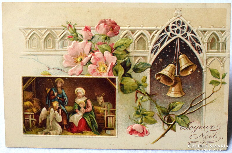 Antik dombornyomott Karácsonyi képeslap Szent Család harangtorony vadrózsa  1921