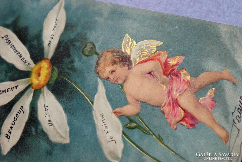 Antik dombornyomott  üdvözlő képeslap -  angyalka  szeret-nem szeret margaréta virággal 1904