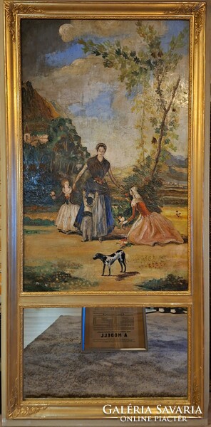 Magyarországon ritkaság! 19. századi Francia trumeau tükör,  1860-as olajfestménnyel!  147x71cm