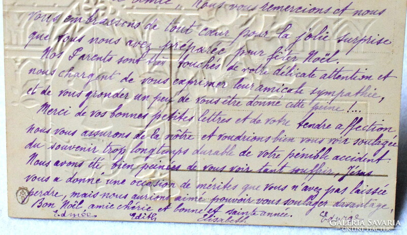 Antik dombornyomott Karácsonyi képeslap Szent Család harangtorony vadrózsa  1921