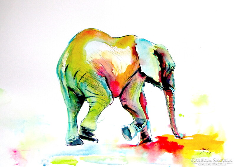 Colorful elephant alone II -  watercolor painting -Színes elefánt magányosan II -akvarell festmény