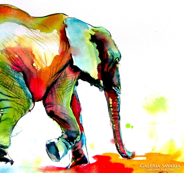 Colorful elephant alone II -  watercolor painting -Színes elefánt magányosan II -akvarell festmény