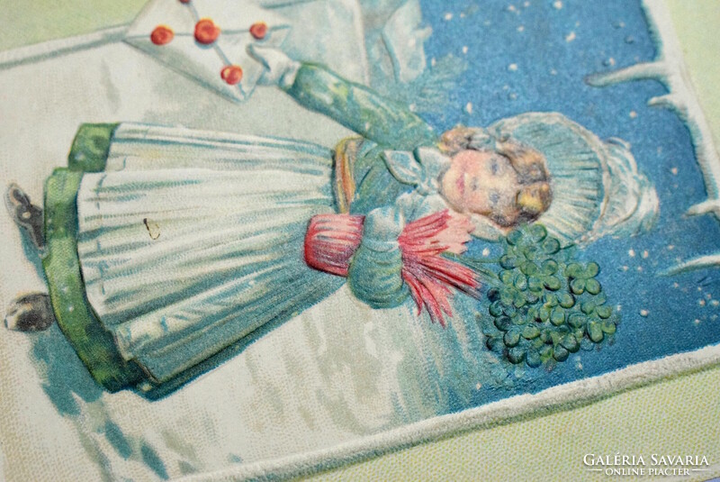 Antik dombornyomott Újévi üdvözlő képeslap  - kislány , téli táj, 4levelű lóhere  1907