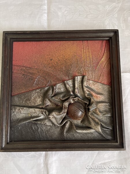 Retró rendkívül mutatós bőr kép fa keretben.