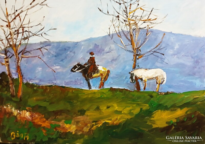 Festmény (02/21) - BÁNFI : HATÁRSZEMLE LÓHÁTRÓL (olaj, karton, 50x35  cm)