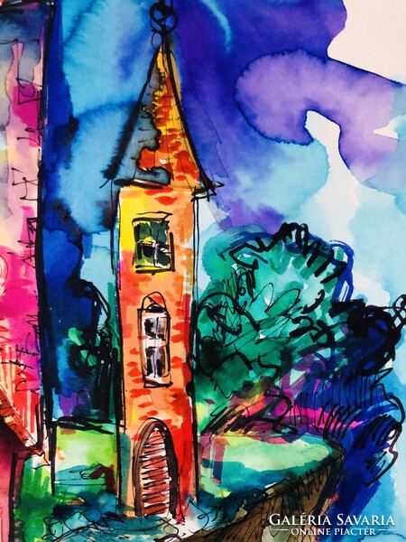 A rejtélyes ház . Gyönyörű  akvarell illusztráció art by Konrad Biro 34x24 cm.