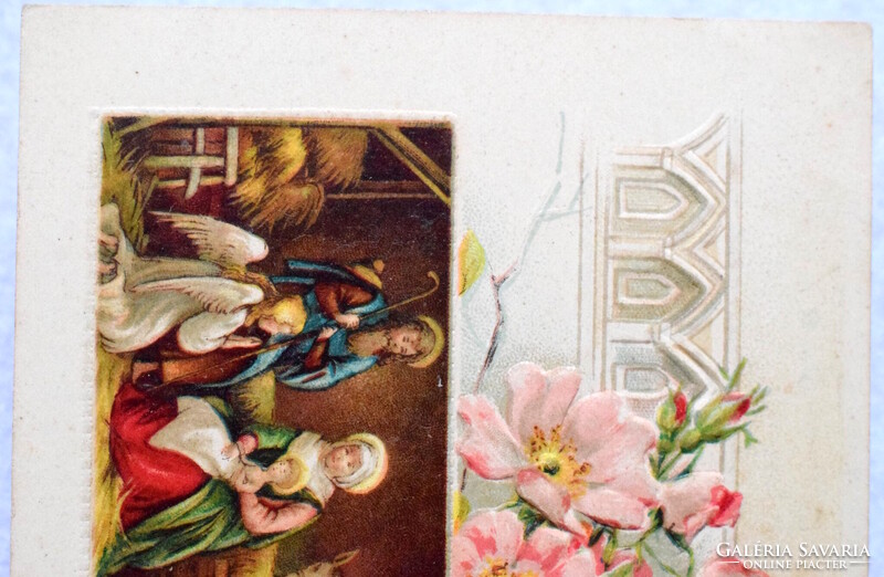 Antik dombornyomott Karácsonyi képeslap Szent Család harangtorony vadrózsa  1921