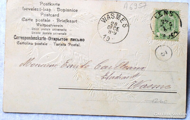 Antik dombornyomott Karácsonyi képeslap  - havas fenyőág , téli táj ,arany harang