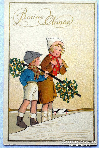 Art deco újévi üdvözlő litho képeslap - gyerekek ,  fagyöngy  aranyszín felülnyomás