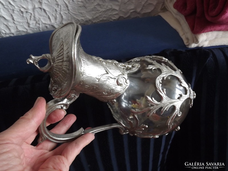 Antik szakított üveg karaffa ón finom fémmunka rátéttel 30 cm hibátlan különlegesség