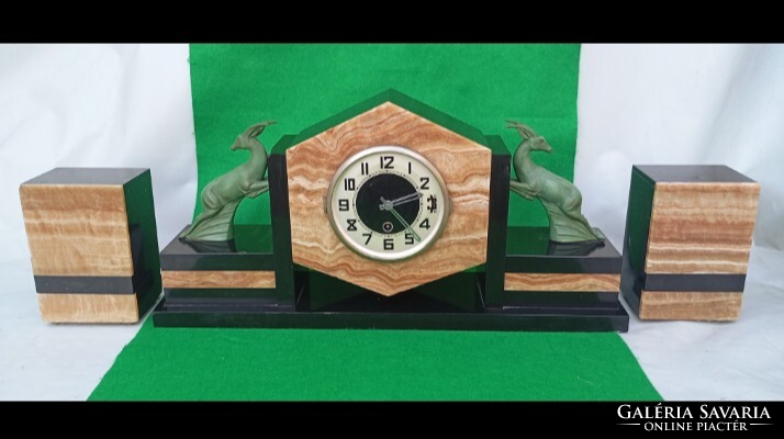 Art deco francia ,márvány ,és ónix ,kandallóóra garnitúra, bronz gazellákkal 1925-30