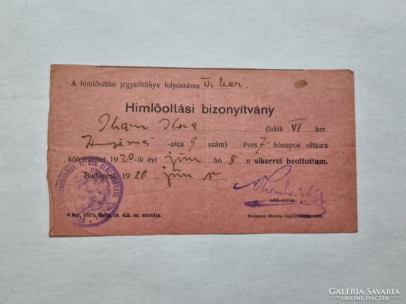 Himlőoltási bizonyítvány 1920.