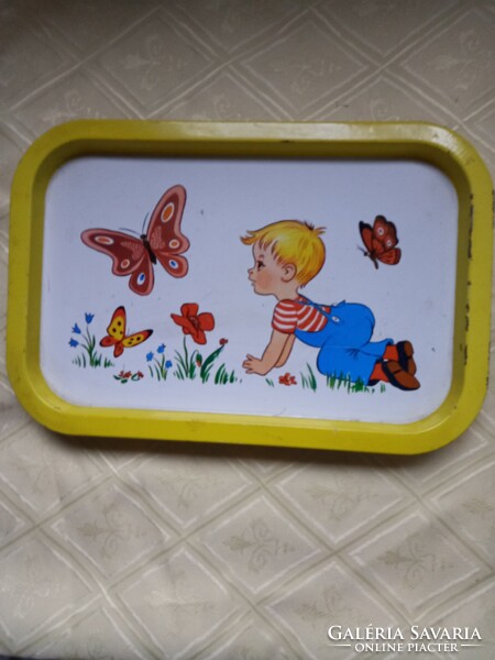 Zománc tálca Kisfiú pillangókkal Retro cca 1960   1.