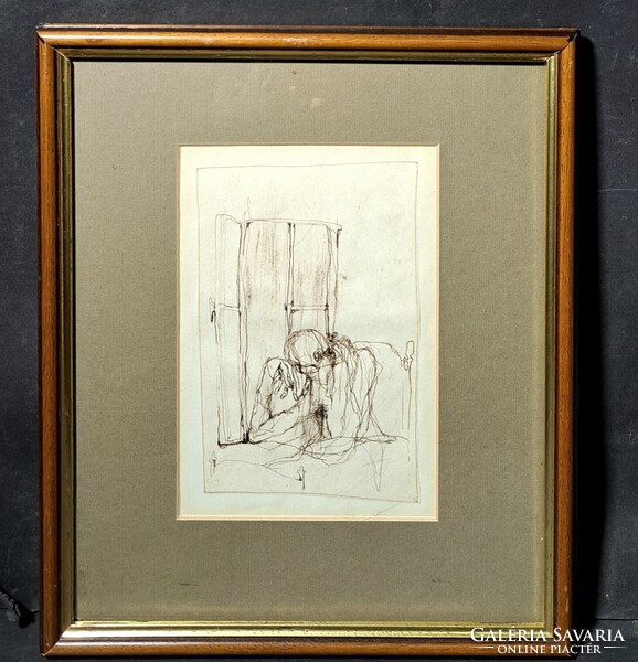 AKCIÓ! CSAK 9 EZER FT: Gondolkodó (tusrajz keretben) jelzés nélkül - merengés az ablaknál ülve