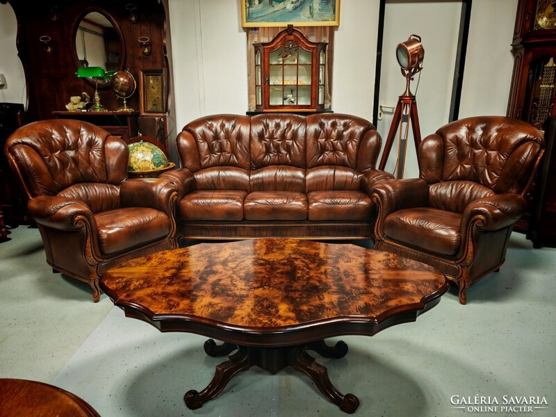 Antikolt barna olasz valódi bőr ülőgarnitúra , 3 személyes bőr kanapé + 2 fotel újszerű állapotban