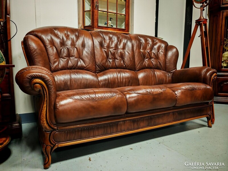 Antikolt barna olasz valódi bőr ülőgarnitúra , 3 személyes bőr kanapé + 2 fotel újszerű állapotban