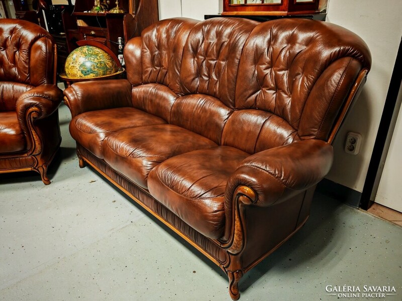 Antikolt barna olasz valódi bőr ülőgarnitúra , 3 személyes bőr kanapé + 2 fotel újszerű állapotban
