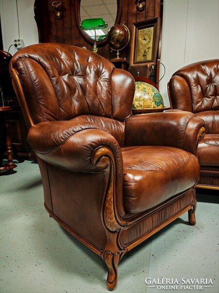 Antikolt barna olasz valódi bőr ülőgarnitúra , 3 személyes bőr kanapé + 2 fotel újszerű állapotban