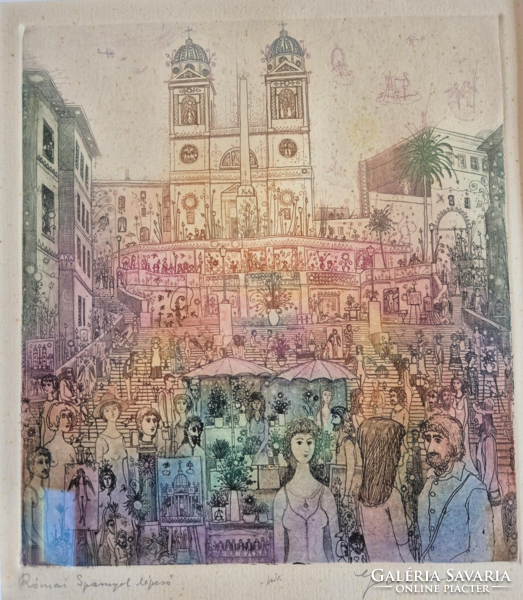 Gross Arnold Spanyollépcső színezett rézkarc