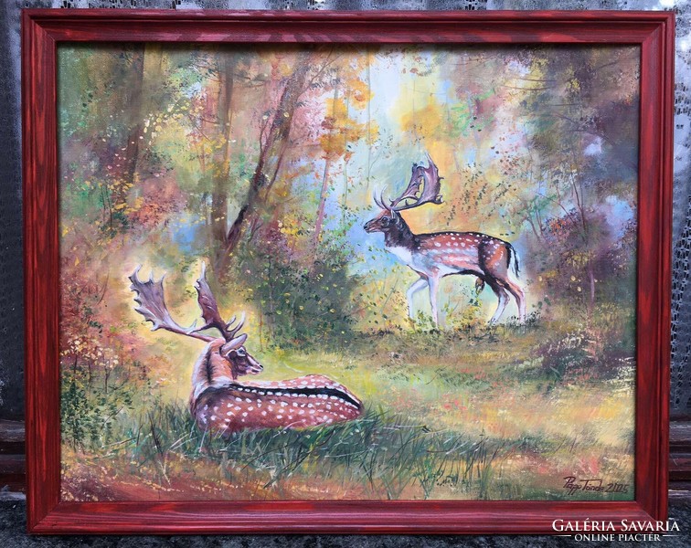 Dámszarvasok c. -Vadászfestmény - képkerettel -