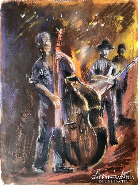 Jazz trió ! Különleges pasztell festmény 32x24 cm.