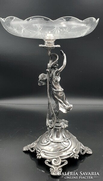 Szecessziós, ezüstözött figurális asztalközép, kínáló, aufsatz